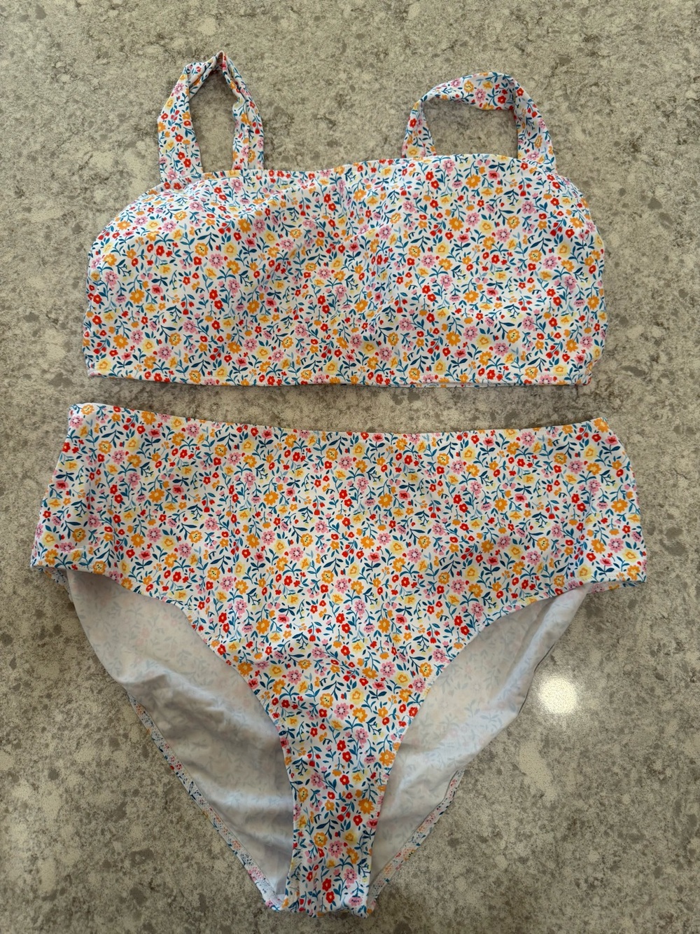 Women's Floral High-Waist Bikini Set - White with Multicolor Floral